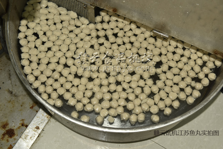 將打好的魚(yú)漿放入肉丸成型中成型,成型出來(lái)的魚(yú)丸在水槽中定型